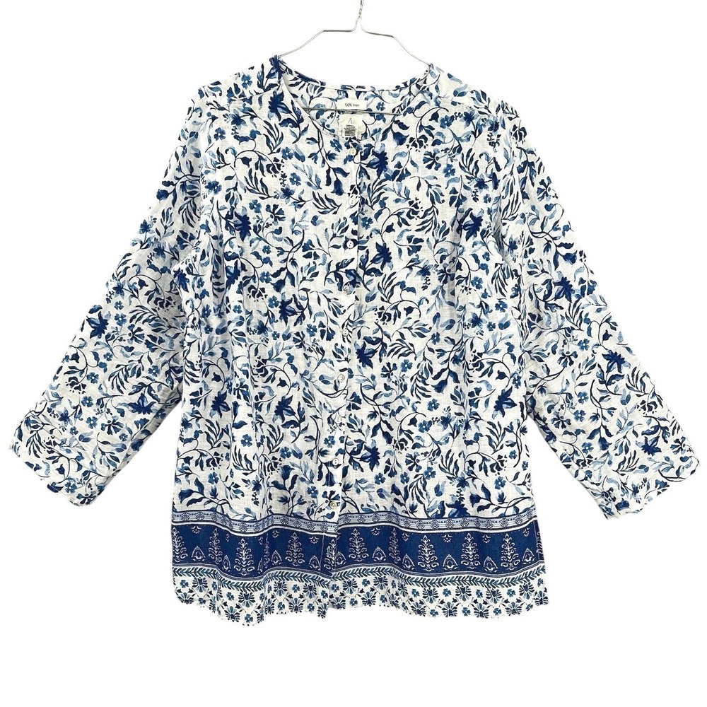 Joie Womens 1X Linen Blouse Top Blue Floral Button Up White Plus Size Tunic